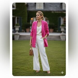 Tahari Fuchsia Pink Linen Blend Blazer - NWT Size L - 3/4 Roll-Tab Sleeve